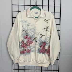 Art Unlimited Sweatshirt Womens Large White Vintage Hummingbird Cottagecore 90s
